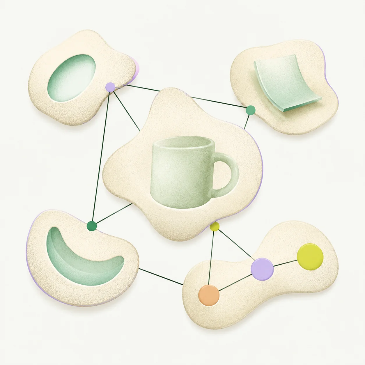 A ceramic mug connected to content and operator nodes, illustrated as textured paper forms.